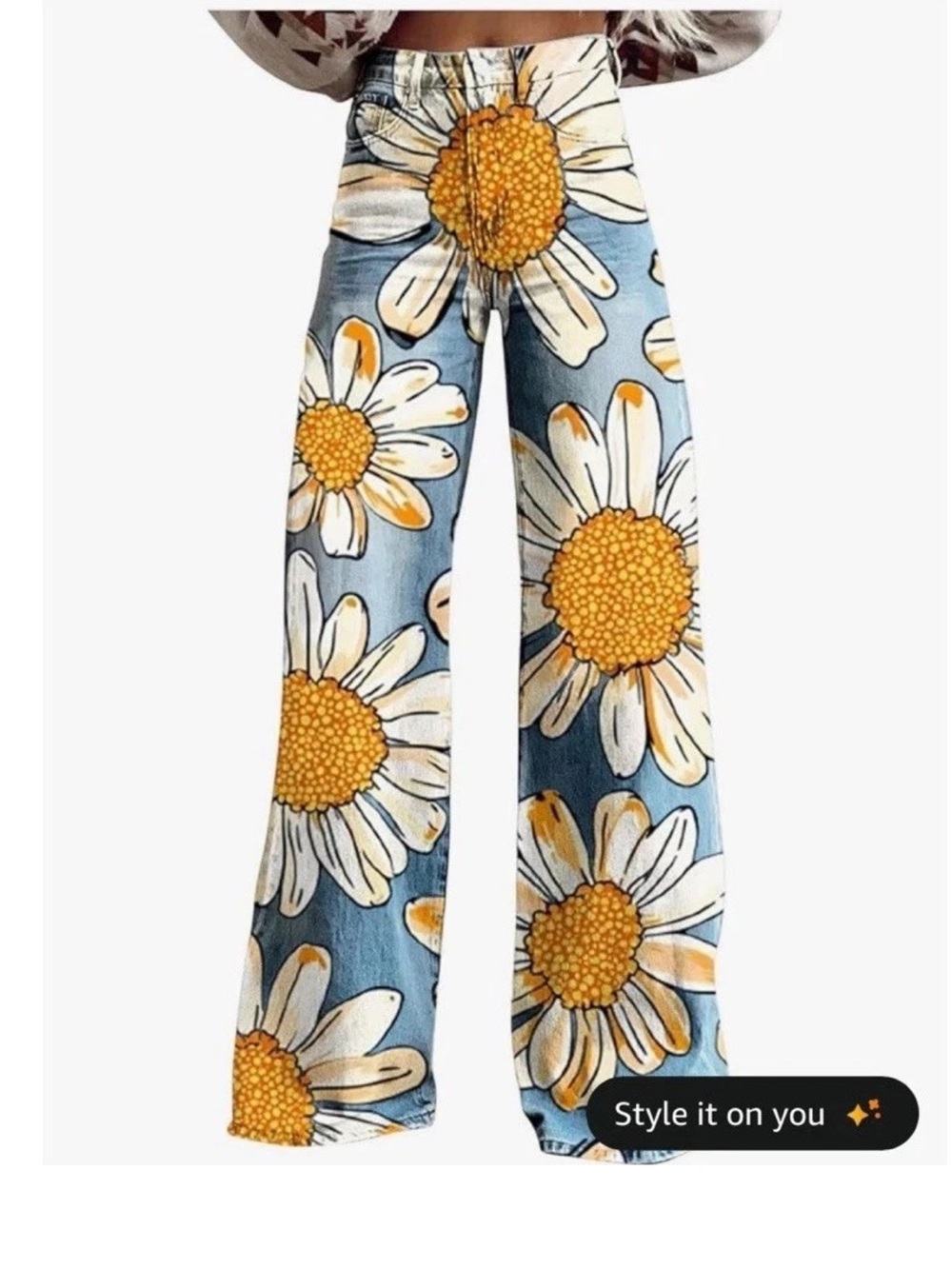 Women's Boho Floral Print High Rise Wide Leg Flared Denim Jeans